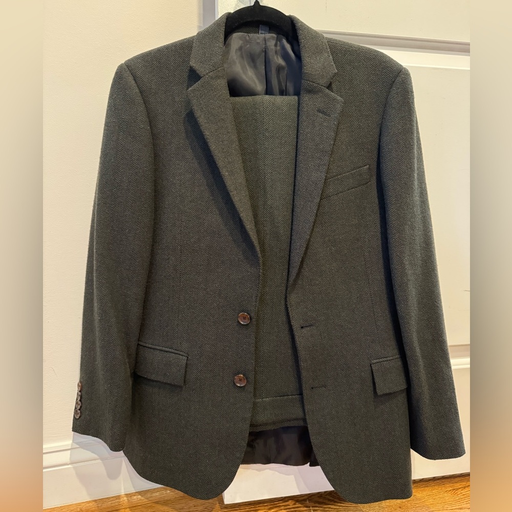 J. Crew Men's Green Herringbone Wool Suit